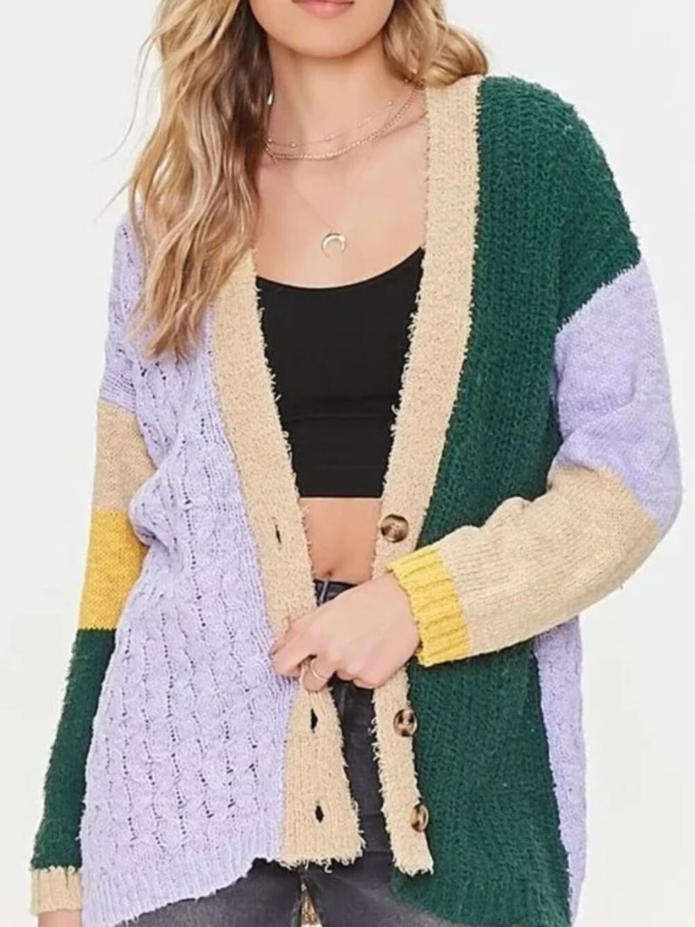 FOREVER 21 Colorblock Cardigan Sweater Lilac Lavender Green Multi Button Long M